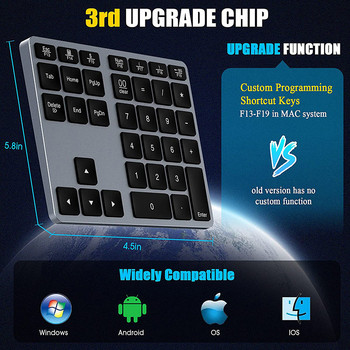 Безжична цифрова клавиатура, акумулаторна Bluetooth цифрова клавиатура за Mac Windows, 35-клавишна алуминиева цифрова клавиатура за счетоводители