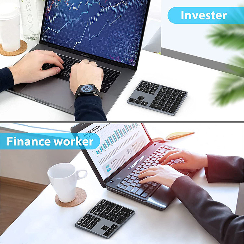 Juhtmeta numbriklahvistikuga laetav Bluetoothi numbriklaviatuur Macile Windowsi 35-klahviline alumiiniumist numbriklahvistik raamatupidajatele