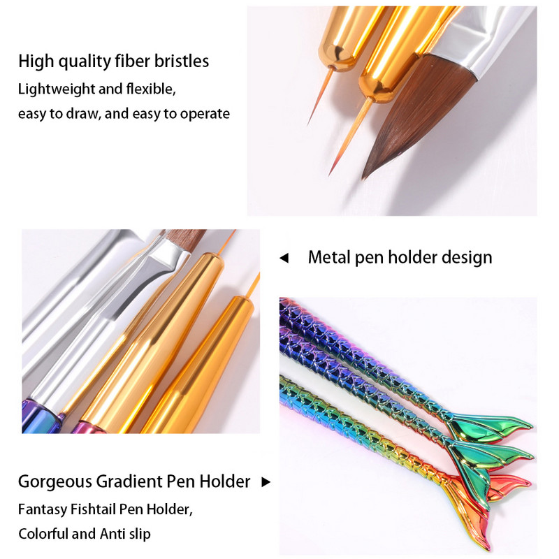 6 TK järkjärguline värviline nikerdamine Mermaid libisemisvastase pliiatsi hoidja materjal akrüülkaunistus küünekunsti pintsel Puhvrid maniküüri komplekt Tööriistad