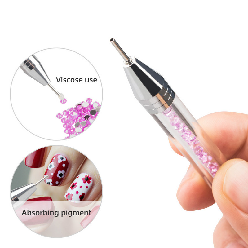 Nail Art broderie cu diamante cu cap dublu burghiu punct pictura stilou cu cutie cu stras creion ceară instrument cu mâner de cristal