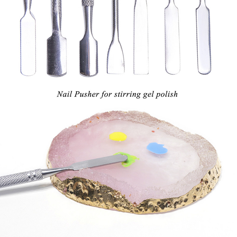 7 tüüpi roostevabast terasest küünenaha Pusher Nail Art Segav Poola Puudri segu Spaatlid Toon Vardad Maniküüri eemaldaja Meigitööriistad CH809