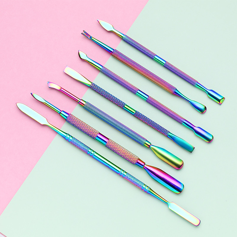 Nagų vaivorykštės odelių valiklis dvipusis nerūdijančio plieno odelių stūmiklis Dead Skin Push Remover Pedikiūro nagų dailės valiklis