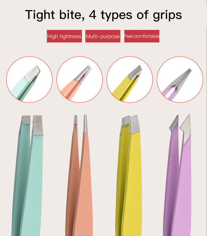 Pensetă pentru sprâncene, inoxidabil, pentru îndepărtarea părului facial înclinat, cu vârf plat, agrafe colorate pentru sprâncene, unelte de machiaj pentru ochi.