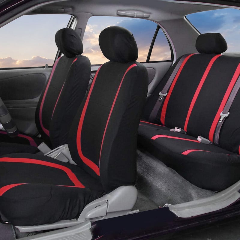 Automobilių sėdynių užvalkalai, pilnas komplektas raudonos spalvos – priekinio ir galinio padalijimo suoliuko apsauga, lengvai montuojamas, universalus, tinkantis visureigiams sunkvežimiams,