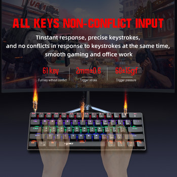 61 клавиша Мини механична геймърска клавиатура Цветна RGB подсветка със син превключвател Тип C Клавиатура за настолен компютър, лаптоп, геймър