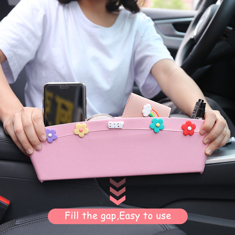 Slatki cvjetni ružičasti/crni organizator za automobile Sjedala S prorezom i džepom PU umjetna koža Autosjedalica Hvatač Dodaci za automobil Alati za pohranu