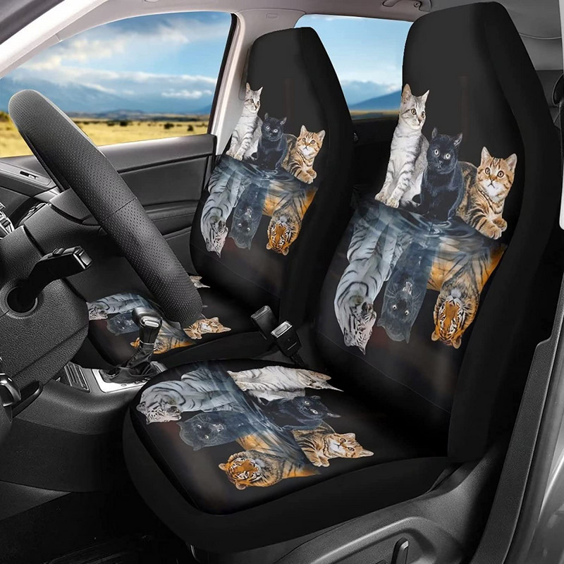Καλύμματα καθισμάτων αυτοκινήτου Animal Πλήρες σετ 2 τεμ. Cute Cat Tiger Print Μαξιλάρι μπροστινού καθίσματος Καλύμματα καθισμάτων με κάδο οχημάτων γενικής χρήσης