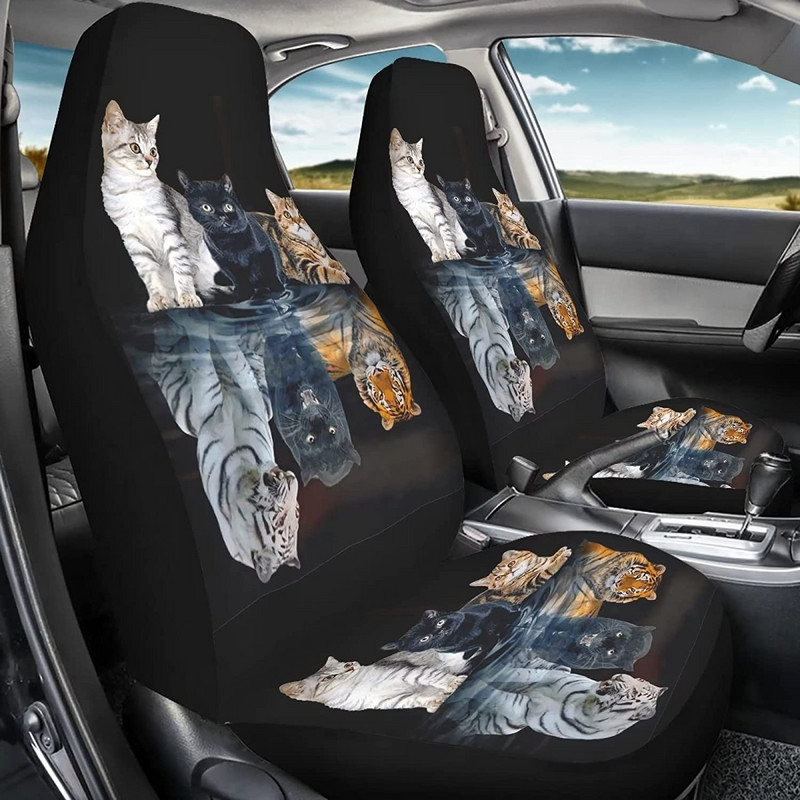 Καλύμματα καθισμάτων αυτοκινήτου Animal Πλήρες σετ 2 τεμ. Cute Cat Tiger Print Μαξιλάρι μπροστινού καθίσματος Καλύμματα καθισμάτων με κάδο οχημάτων γενικής χρήσης