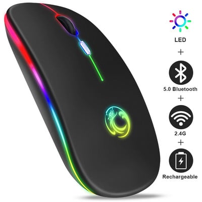 Bezvadu pele Bluetooth RGB uzlādējama pele Bezvadu dators Silent Mause LED aizmugurgaismojuma Ergonomiska spēļu pele klēpjdatoram