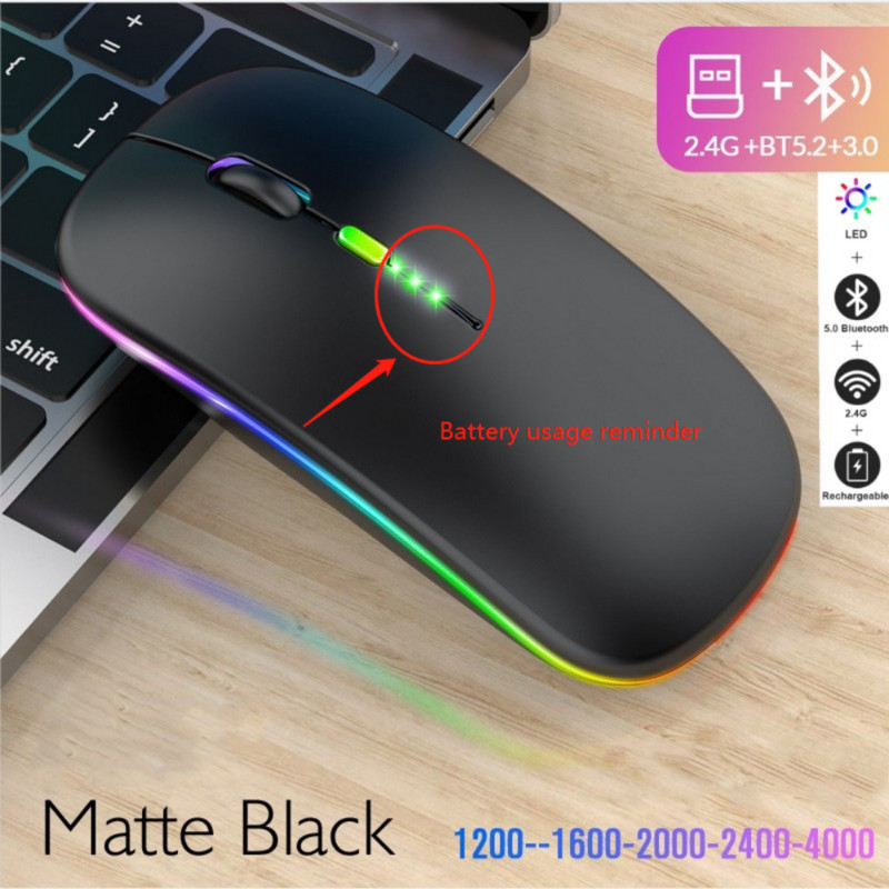 Bežični miš Bluetooth RGB punjivi miš Bežično računalo Tihi Mause LED pozadinsko osvjetljenje Ergonomski miš za igranje za prijenosno računalo