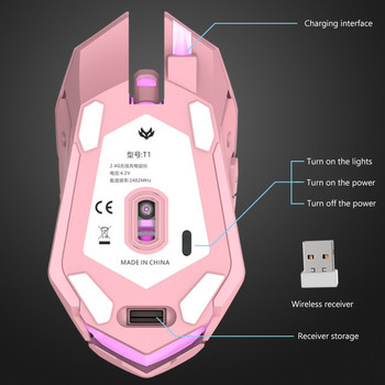T1 Εργονομικό 2.4G Επαναφορτιζόμενο αθόρυβο οπίσθιο φωτισμό USB Οπτικό ασύρματο ποντίκι gaming 6 πλήκτρων Ποντίκι παιχνιδιού σερφάρισμα στο ποντίκι Ροζ μαύρο