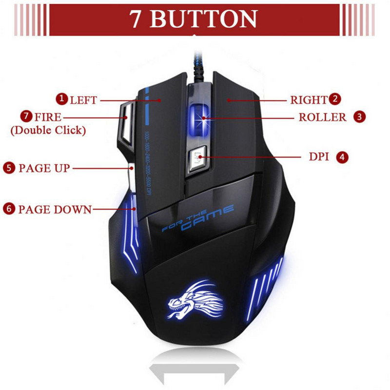 Mouse cu fir pentru laptop de birou Led fotoelectric 5500dpi Accesorii de birou Mouse USB 7 butoane Mouse de gaming ergonomic optic