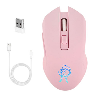 Розова безшумна LED оптична игрална мишка 1600DPI 2.4G USB безжична мишка за компютърен лаптоп
