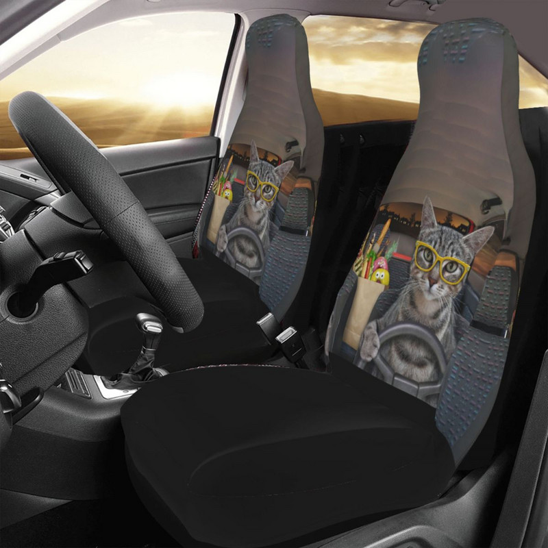 O pisică cenușie cu ochelari conduce o mașină Husă universală pentru scaun auto Huse pentru scaune de călătorie patru anotimpuri Vânătoare din poliester