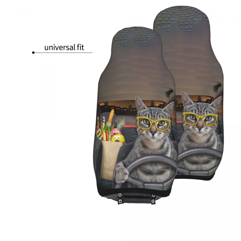 O pisică cenușie cu ochelari conduce o mașină Husă universală pentru scaun auto Huse pentru scaune de călătorie patru anotimpuri Vânătoare din poliester