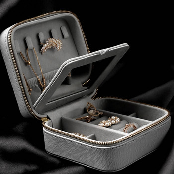 Кутия за пътуване с бижута с органайзер за огледало Кутии с цип от PU кожа Преносими обеци Колие Пръстен Кутия за съхранение на бижута