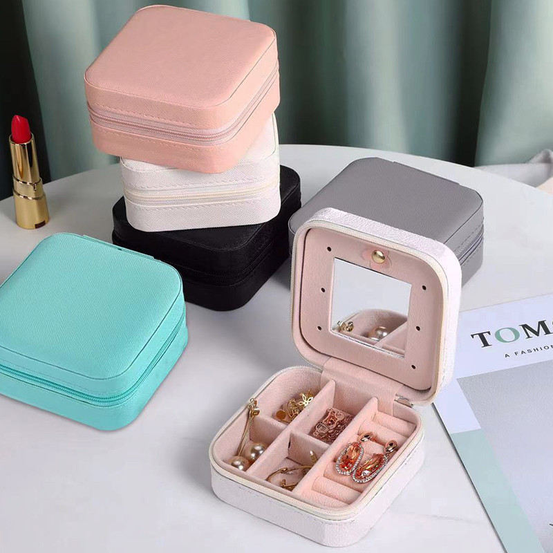 Κοσμήματα Ταξιδιωτική θήκη με Mirror Organizer Κιβώτια προβολής PU Δερμάτινο φερμουάρ Φορητά σκουλαρίκια Κολιέ Δαχτυλίδι Κουτί αποθήκευσης κοσμημάτων