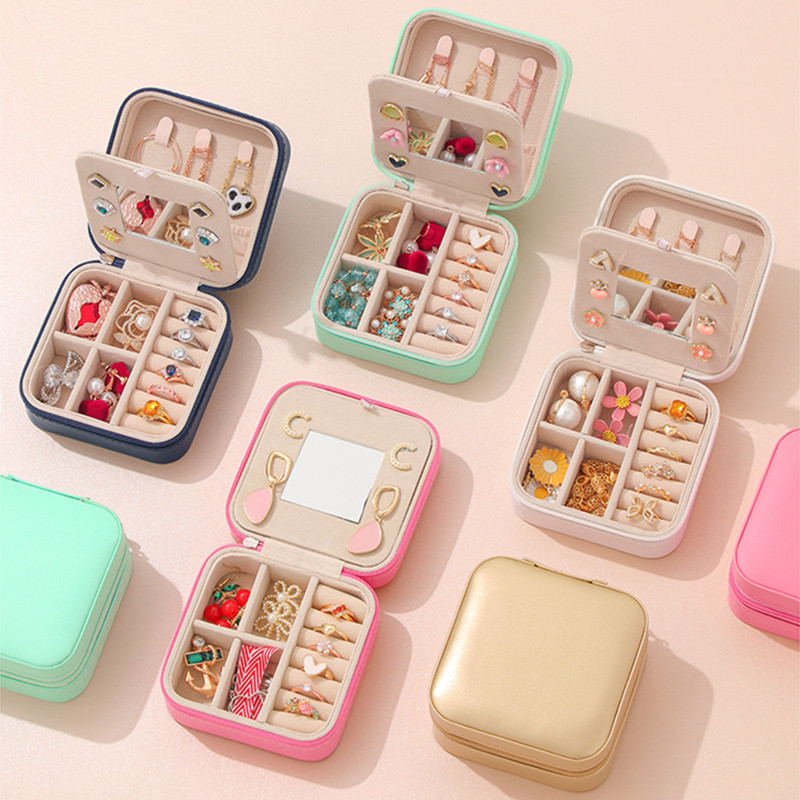 Κοσμήματα Ταξιδιωτική θήκη με Mirror Organizer Κιβώτια προβολής PU Δερμάτινο φερμουάρ Φορητά σκουλαρίκια Κολιέ Δαχτυλίδι Κουτί αποθήκευσης κοσμημάτων