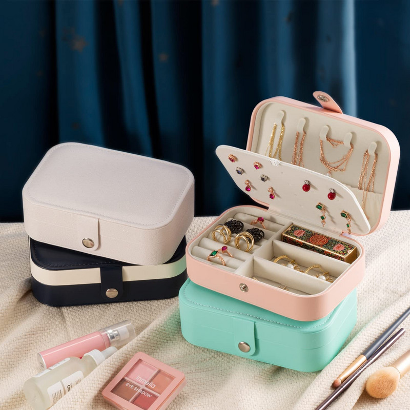 Διπλής στρώσης φορητή κοσμηματοθήκη Διοργανωτής κοσμημάτων Οθόνη Ταξιδιωτικά κοσμήματα κουτιά Κουμπί Δερμάτινη αποθήκευση φερμουάρ Jewelers Joyero