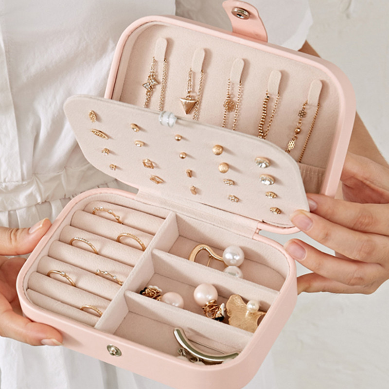 Διπλής στρώσης φορητή κοσμηματοθήκη Διοργανωτής κοσμημάτων Οθόνη Ταξιδιωτικά κοσμήματα κουτιά Κουμπί Δερμάτινη αποθήκευση φερμουάρ Jewelers Joyero