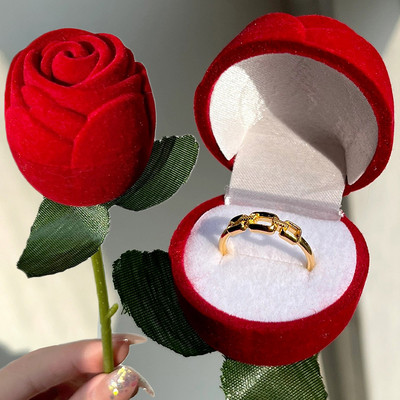 Cteative Rose Flower Ring Boxes Red Velvet Rose Earring Display Holder Gift Box Bridal Wedding Engagement Jewelry Storage Case