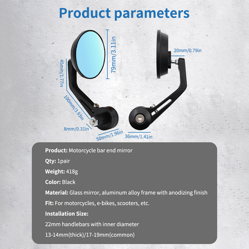 1 par motociklističkih retrovizora na kraju retrovizora za upravljače od 22 mm, bočnih retrovizora podesivih 360 stupnjeva za motocikle, skutere