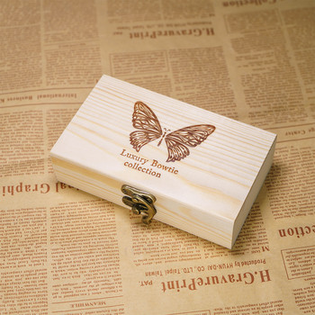 Домашна кутия за съхранение Ръчно изработена занаятчийска кутия за бижута Кутии за сватбени папийонки от пера Естествени дървени с капак Дървени кутии със златна ключалка за подарък