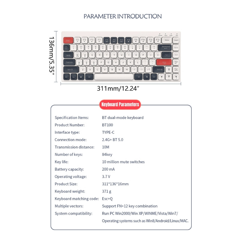 BT100 juhtmevaba membraaniga klaviatuur topeltrežiimiga 2,4 GHz Bluetoothiga ühilduv klaviatuur