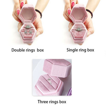 Шестоъгълна кадифена кутия за бижута с подвижен капак Кутия за пръстени с 3 отделения за сватбена церемония Кутия за показване на годежен пръстен
