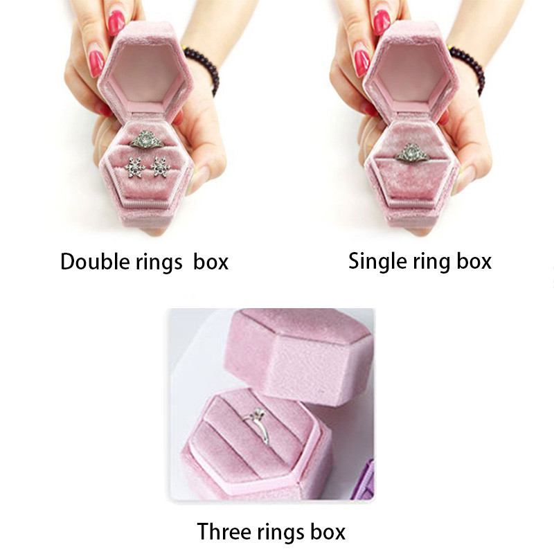 Εξάγωνο βελούδινο κοσμηματοπωλείο με αποσπώμενο καπάκι Κουτί δαχτυλιδιών 3 διαμερισμάτων για γαμήλια τελετή αρραβώνων Κιβώτιο προβολής