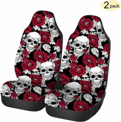 Dead Skull Red Flower Prednje navlake za autosjedalice 2pc Personality Automobilske navlake za sjedala Dodaci za automobile Štitnik za autosjedalice Univerzalni