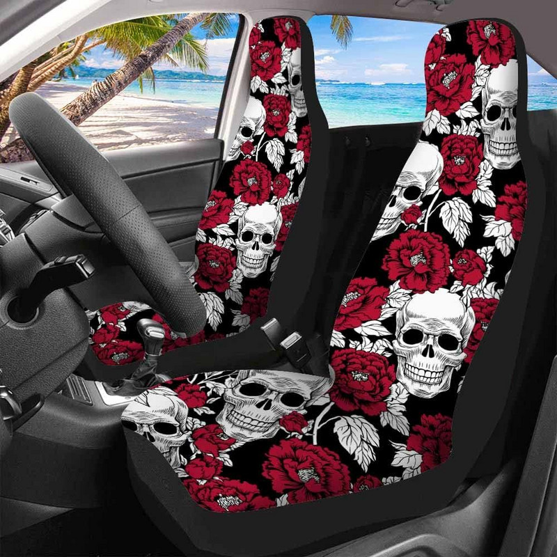 Dead Skull Red Flower Prednje navlake za autosjedalice 2pc Personality Automobilske navlake za sjedala Dodaci za automobile Štitnik za autosjedalice Univerzalni