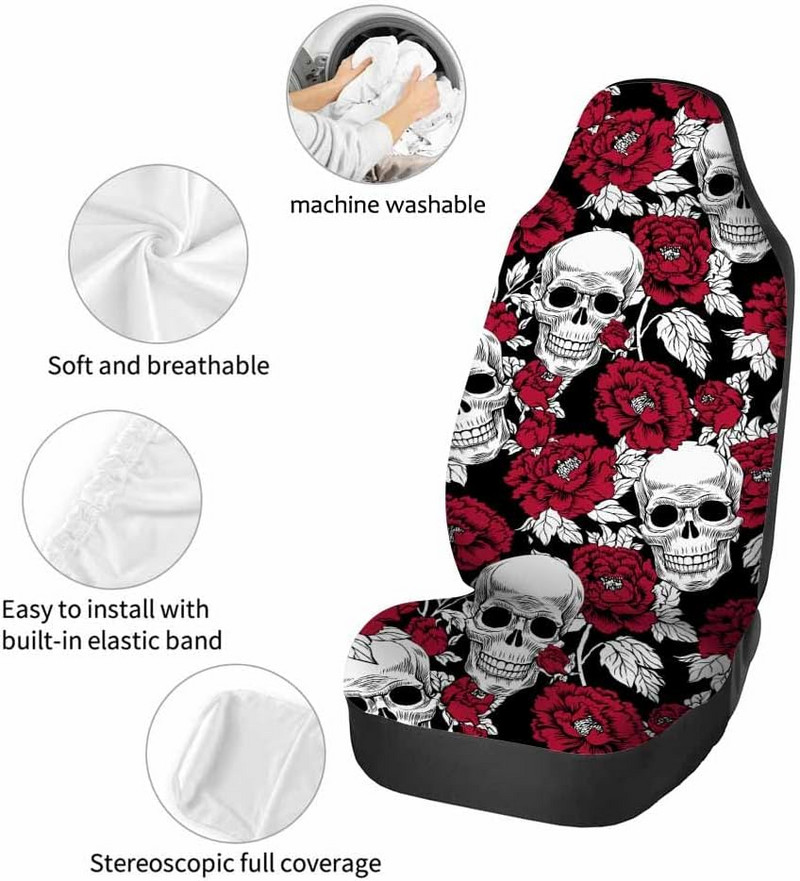 Dead Skull Red Flower Prednje navlake za autosjedalice 2pc Personality Automobilske navlake za sjedala Dodaci za automobile Štitnik za autosjedalice Univerzalni