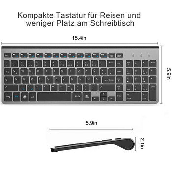 Γερμανικό QWERTZ Layout Ultra Slim Ασύρματο πληκτρολόγιο 101 πλήκτρων Πολυμέσα Πληκτρολόγιο χαμηλού θορύβου 2.4G για Windows 7 10 Android TV Box