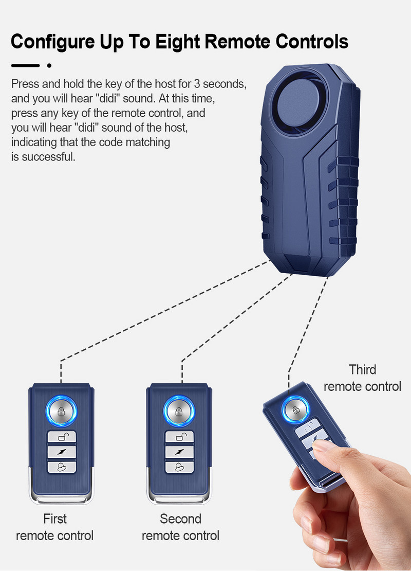 WSDCAM Kerékpárriasztó távirányító 113dB Vezeték nélküli Elveszett Figyelmeztető Figyelmeztető Riasztó érzékelő Vízálló Motorkerékpár riasztó Biztonság