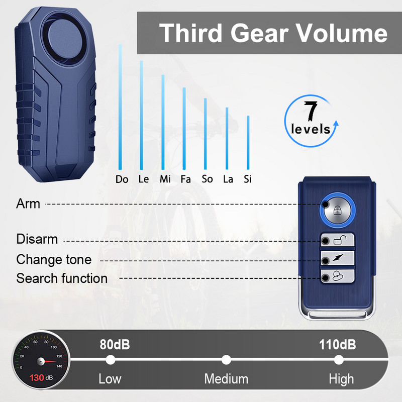 WSDCAM Kerékpárriasztó távirányító 113dB Vezeték nélküli Elveszett Figyelmeztető Figyelmeztető Riasztó érzékelő Vízálló Motorkerékpár riasztó Biztonság