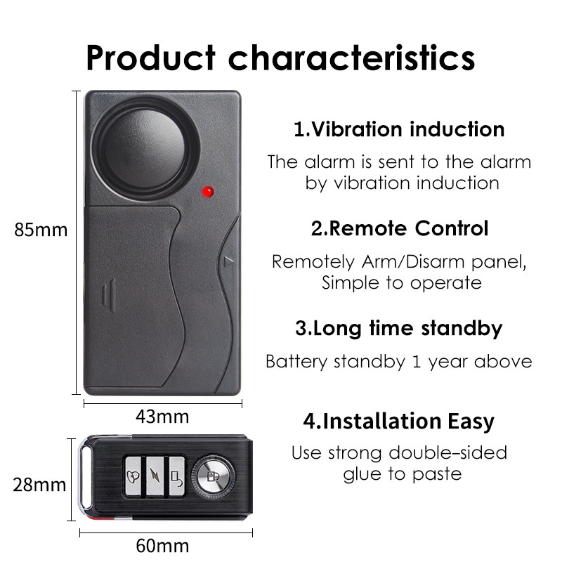 Vezeték nélküli távirányító Kerékpár biztonsági rezgésérzékelő Figyelmeztető Rendszer Kerékpár elvesztése ellen emlékeztető SOS riasztás érzékelő