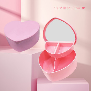 Κορίτσια χαριτωμένο πλαστικό κουτί μακιγιάζ Δοχείο αποθήκευσης Ροζ πορφυρό σχήμα καρδιάς Οργάνωση καλλυντικών κοσμημάτων Organizer μακιγιάζ με καθρέφτη