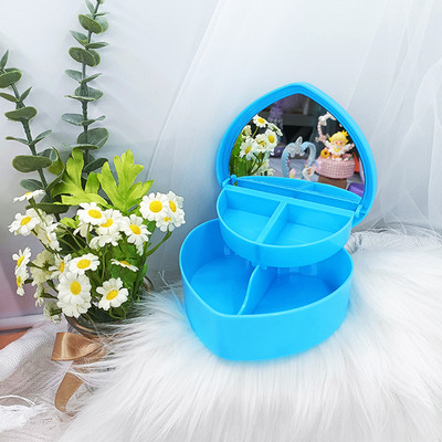 Tüdrukute armas plastkarbik meigihoidik Roosa lilla südamekujuline kosmeetiline ehete organiseerija meigikorraldaja peegliga