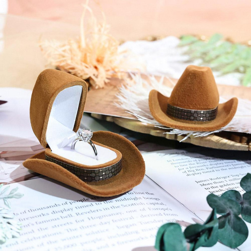 Cutie cu inele în formă de pălărie de cowboy creativă, catifea pentru bijuterii, cutie de depozitare pentru ambalaj bijuterii, suport pentru cutie pentru aniversări de nuntă N3Y5