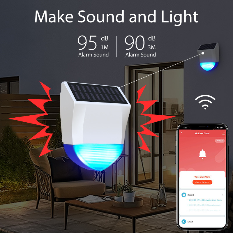 100-240V Intelligent WiFi/Bluetooth Alarma solară în aer liber cu detecție în infraroșu uman Alarmă sonoră și vizuală impermeabilă în aer liber
