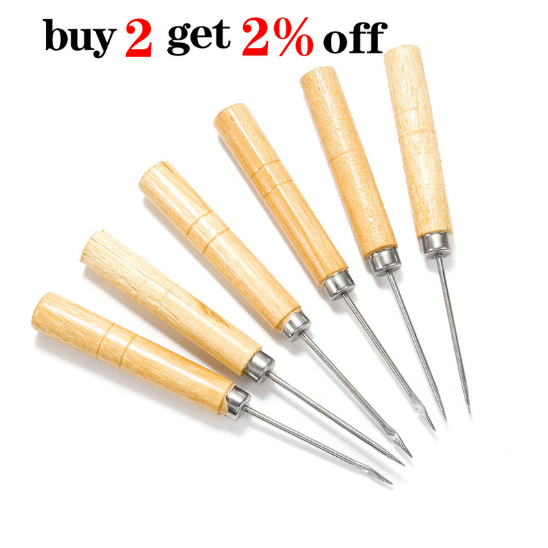 2 tk puidust käepidemega õmblusnõela käsitsi õmblemine nahast käevõru ehete valmistamiseks parandustööriist Punch õmblusnõela konksu tööriist