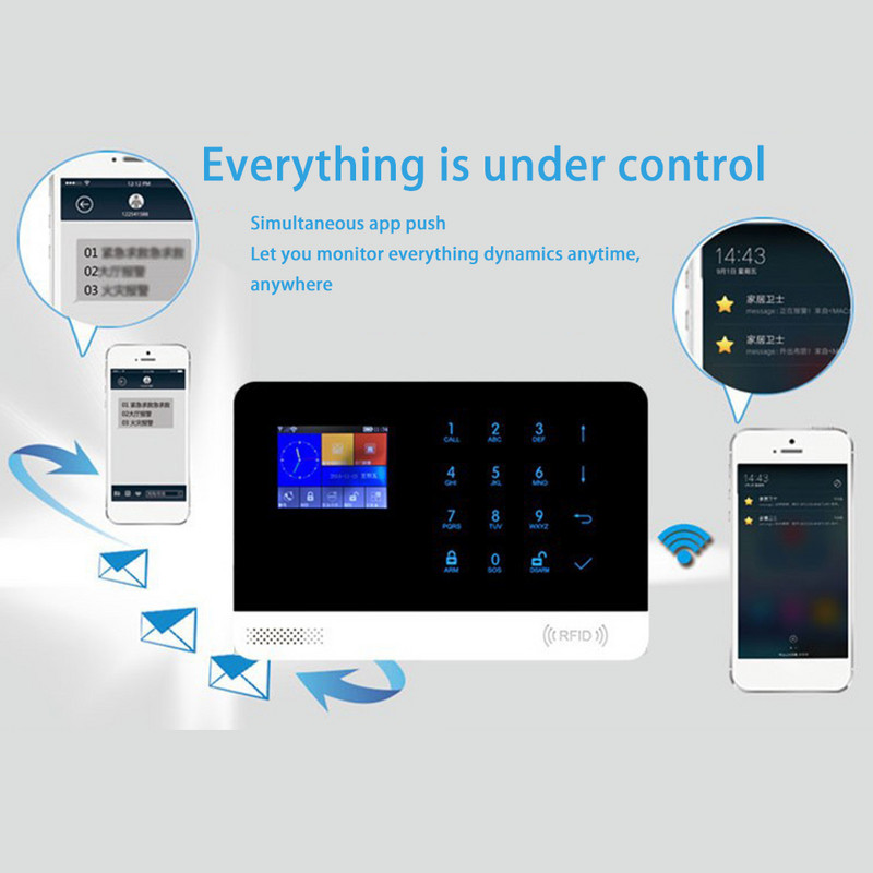 Új WIFI GSM vezeték nélküli otthoni biztonsági riasztórendszer APP vezérlő sziréna RFID PIR mozgásérzékelő füstérzékelő barkácskészlet