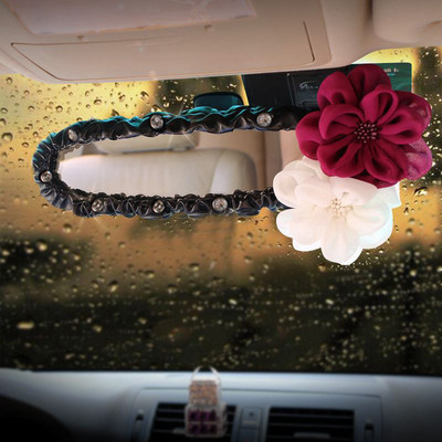 Rose Flower Crystal Car Interior Rear View Mirror Cover Leather Auto Rearview Mirror Decoration Accessories For Women and Girls