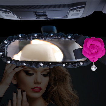 Перлено цвете на камелия Интериор на автомобила Капак за огледало за обратно виждане PU кожа Автоматична декорация за задно виждане Аксесоари за жени и момичета
