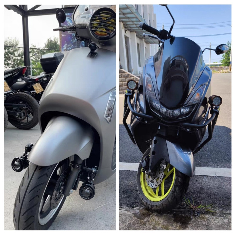 Universalus tvirtinimo laikiklis, skirtas motociklo modifikuoto priekinio žibinto stovo atramos prailginimo laikiklio fiksuotai lempai