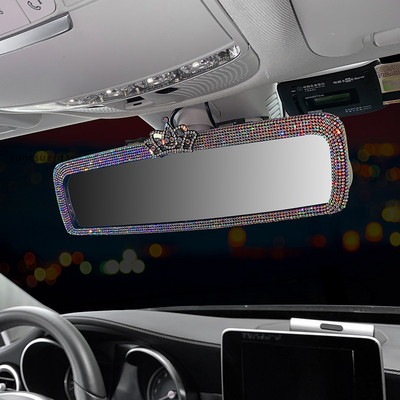 Crown Bling Crystal Frame Rearview Mirror Auto Decoration Woman High Definition Rear View Mirror Girly Car Accessories Interior