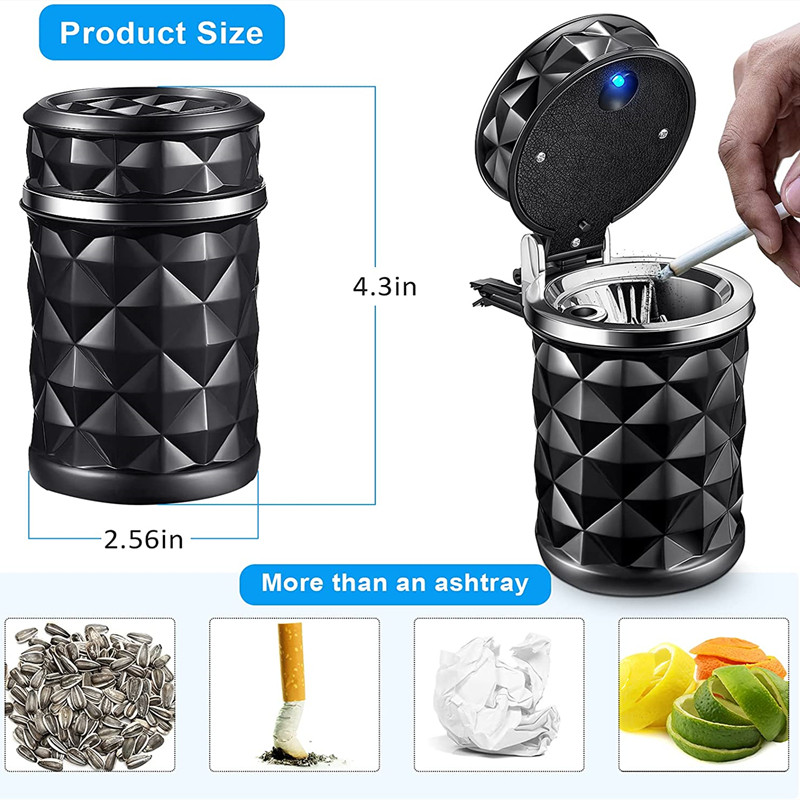 Autotuhatoos LED-valgusega universaalse sulamist tuhaalusega alumiiniumtopsiga suitsuvaba autotuhatoos, leegiaeglustav sigaretihoidik