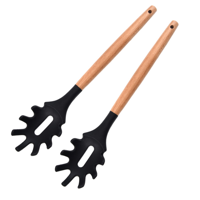 2 vnt. patvarus makaronų šaukštas karščiui atsparus su dantimis kepimui medinės rankenos virtuvės reikmenys šakutės makaronų silikoninis serveris
