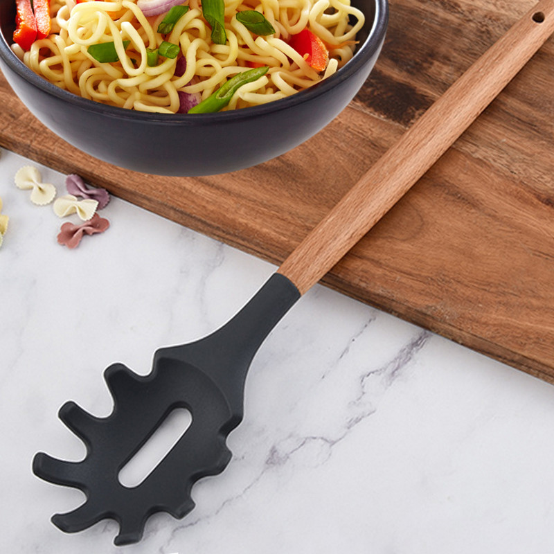 2 vnt. patvarus makaronų šaukštas karščiui atsparus su dantimis kepimui medinės rankenos virtuvės reikmenys šakutės makaronų silikoninis serveris